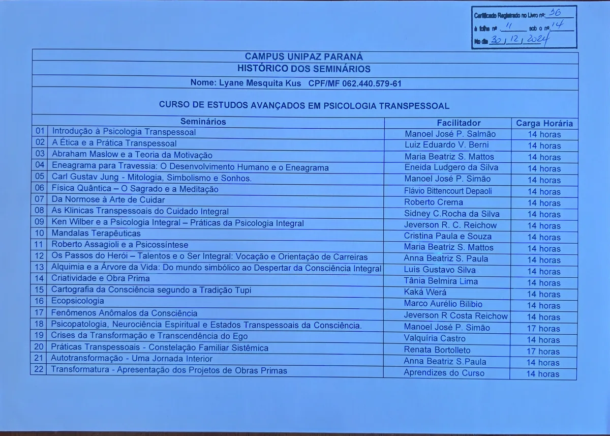 Certificado Psicologia Transpessoal verso